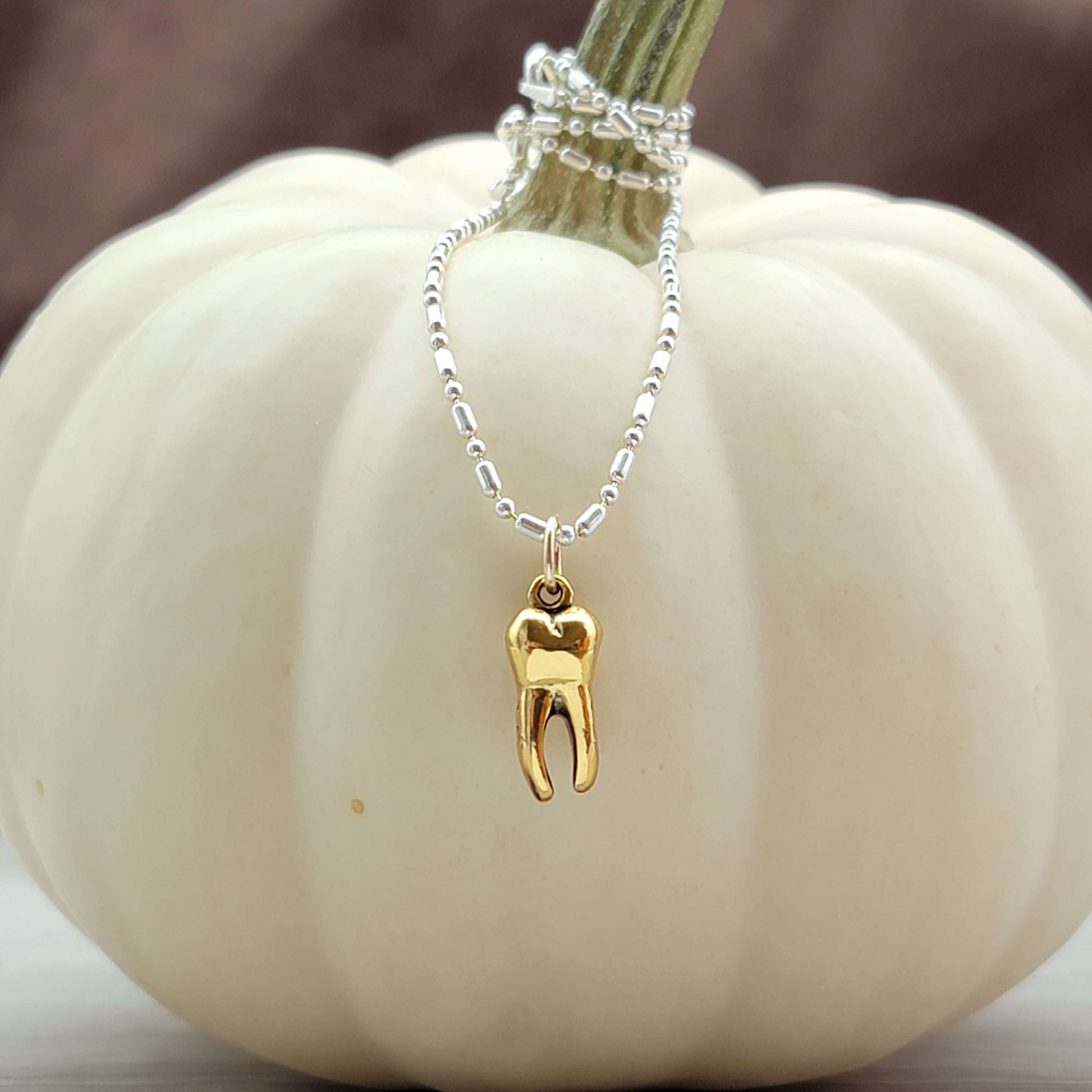 Gold tooth pendant charm on a silver necklace