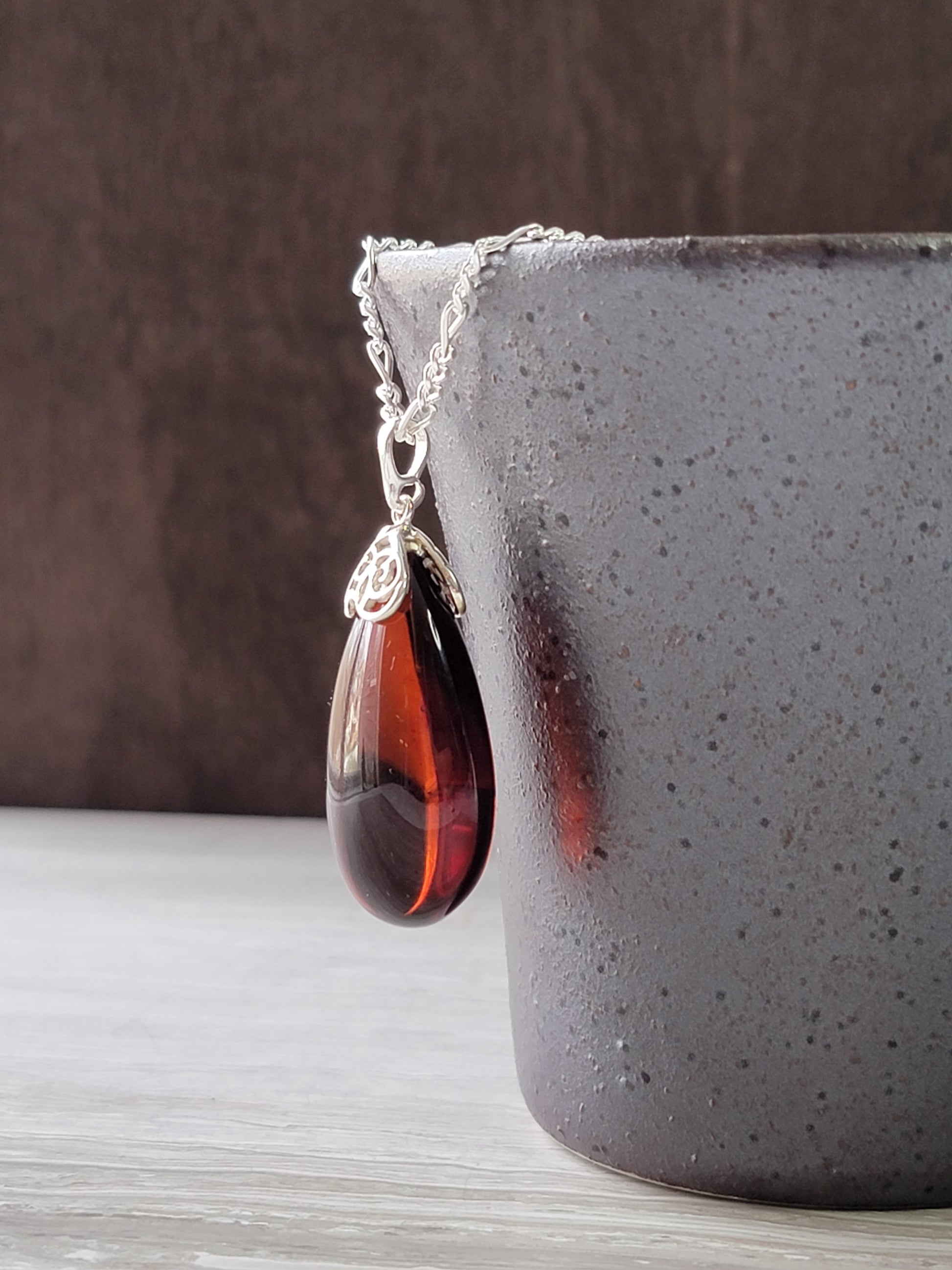 Genuine Baltic Amber Pendant, Cherry Cognac Color, 925 silver filigree bail