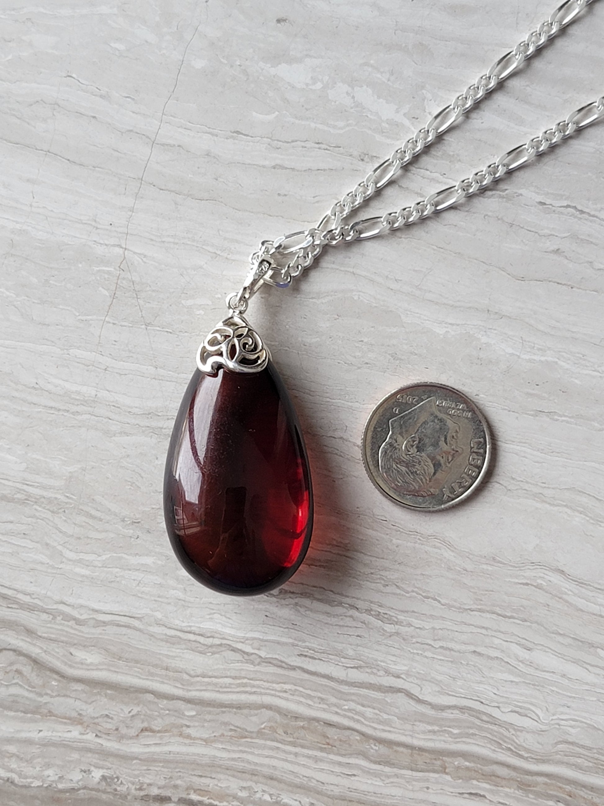 Genuine Baltic Amber Pendant, Cherry Cognac Color, 925 silver filigree bail