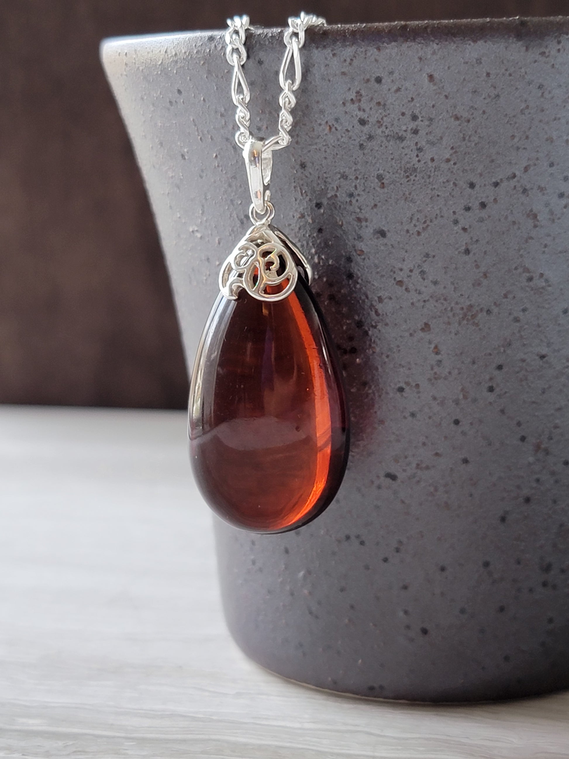 Genuine Baltic Amber Pendant, Cherry Cognac Color, 925 silver filigree bail