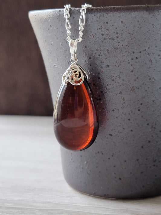 Genuine Baltic Amber Pendant, Cherry Cognac Color, 925 silver filigree bail
