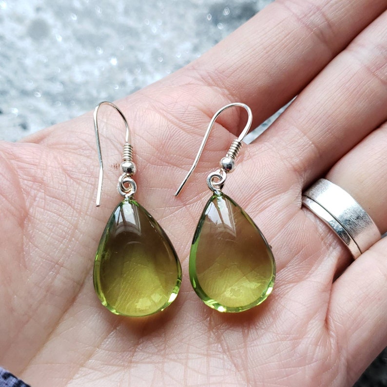 green amber drop earrings with sterling silver earwires. Caribbean green amber
