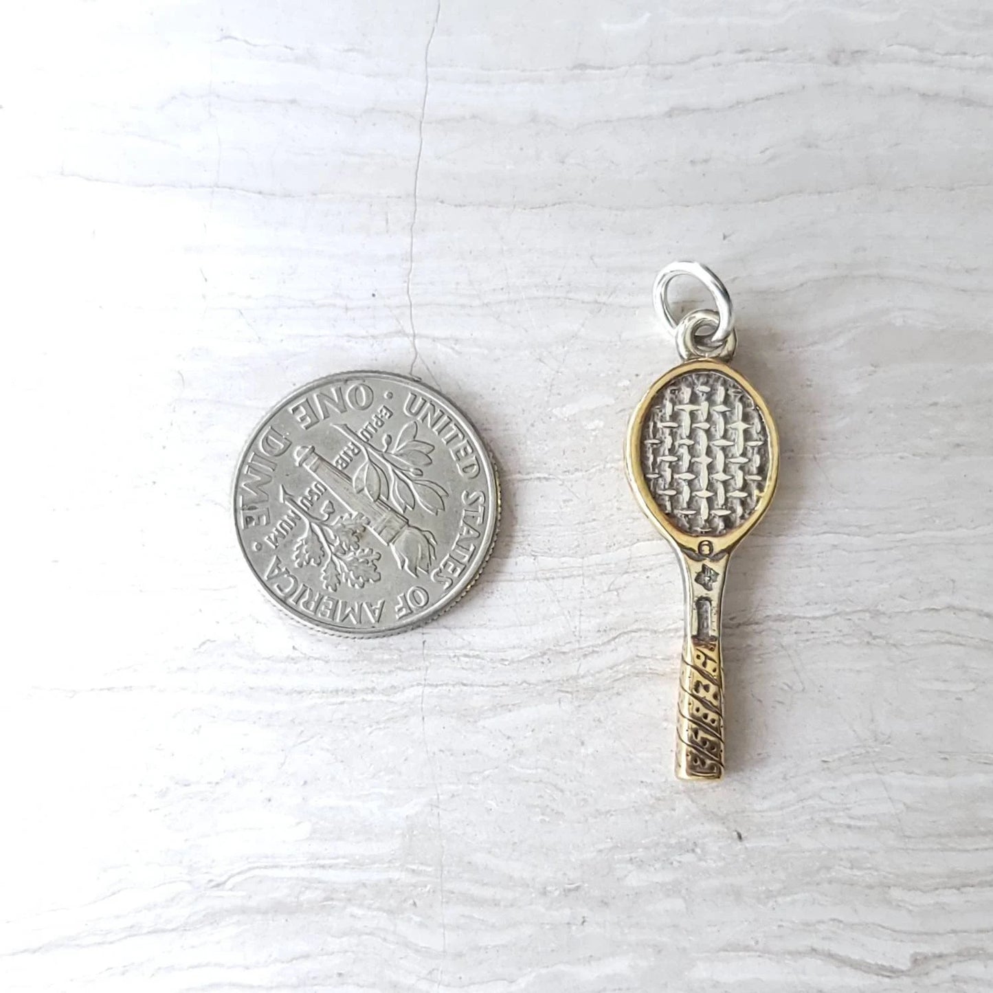 gold tennis racquet charm pendant mixed metal