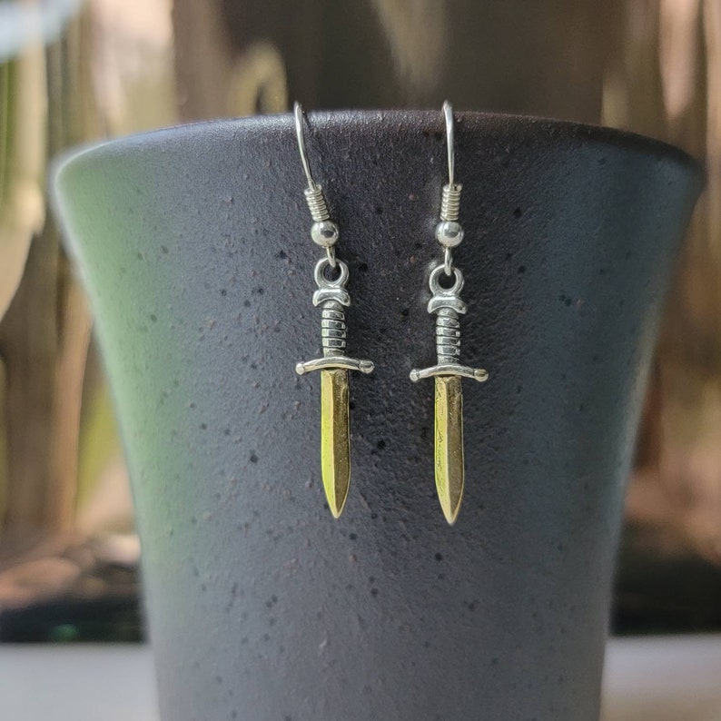 Gold knife dangle drop earrings