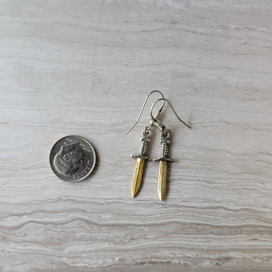 Gold knife dangle drop earrings