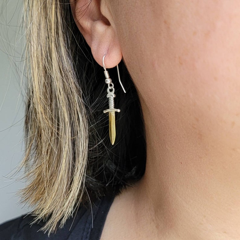 Gold knife dangle drop earrings