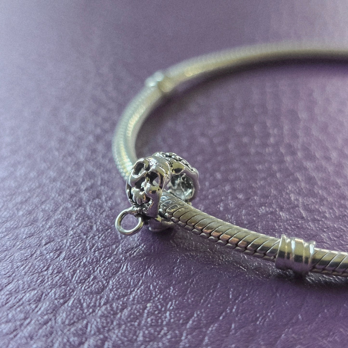 Silver skull charm holder compatible with Pandora bracelets