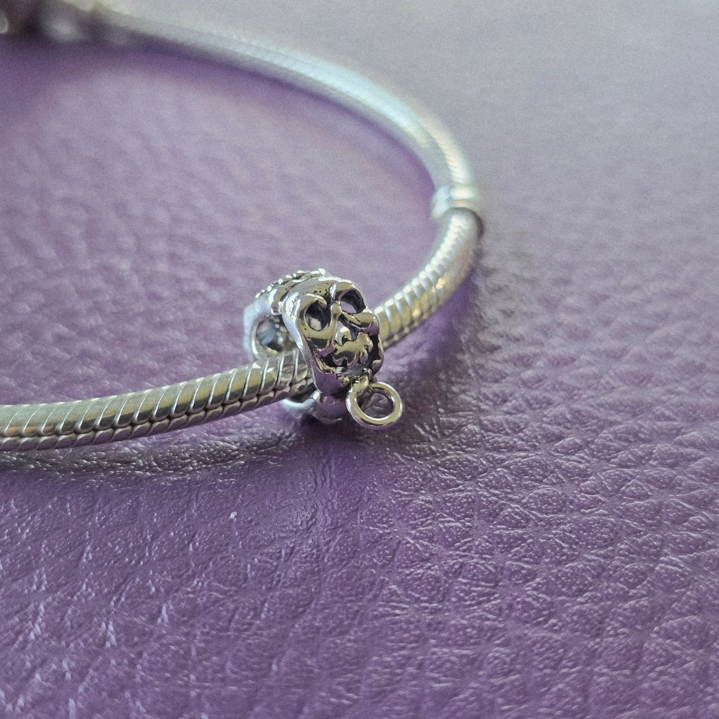 Silver skull charm holder compatible with Pandora bracelets