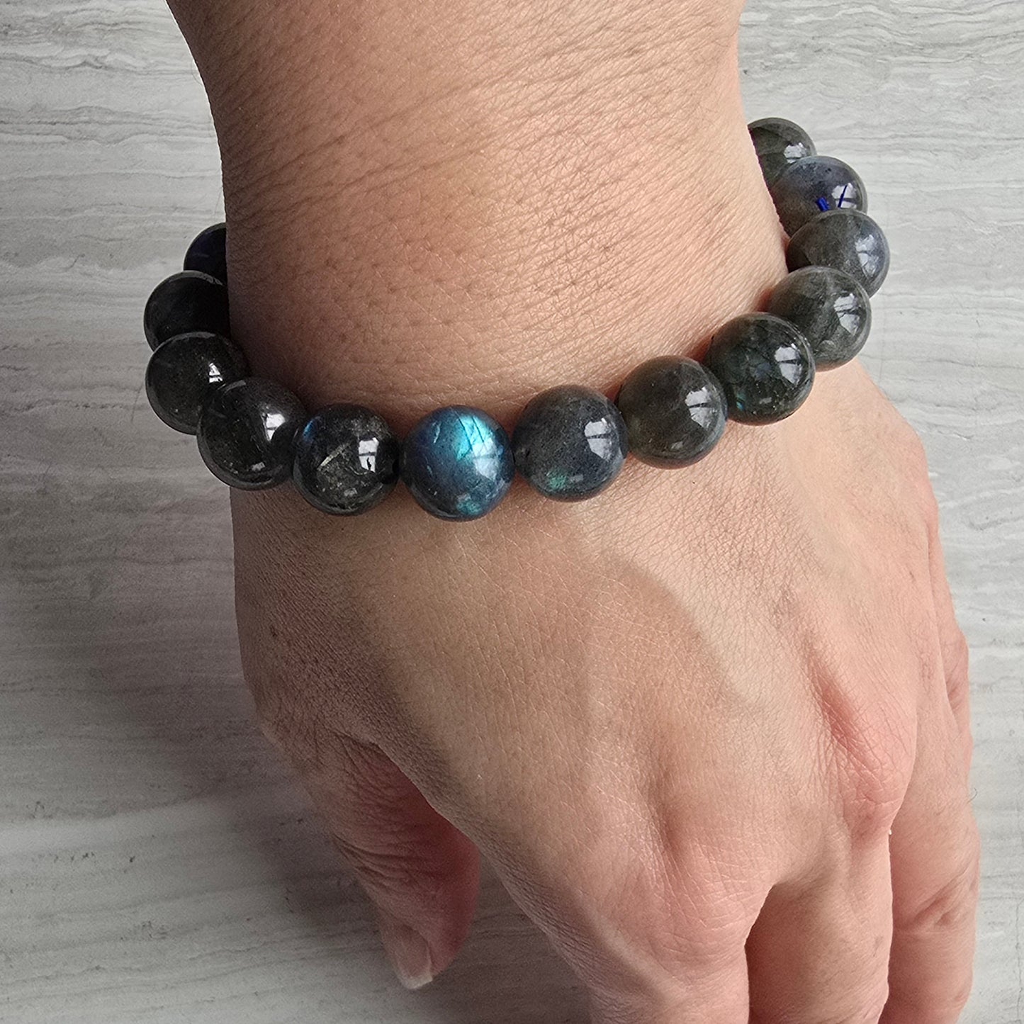 Charcoal Labradorite Bracelet with Blue Flash, 10 mm