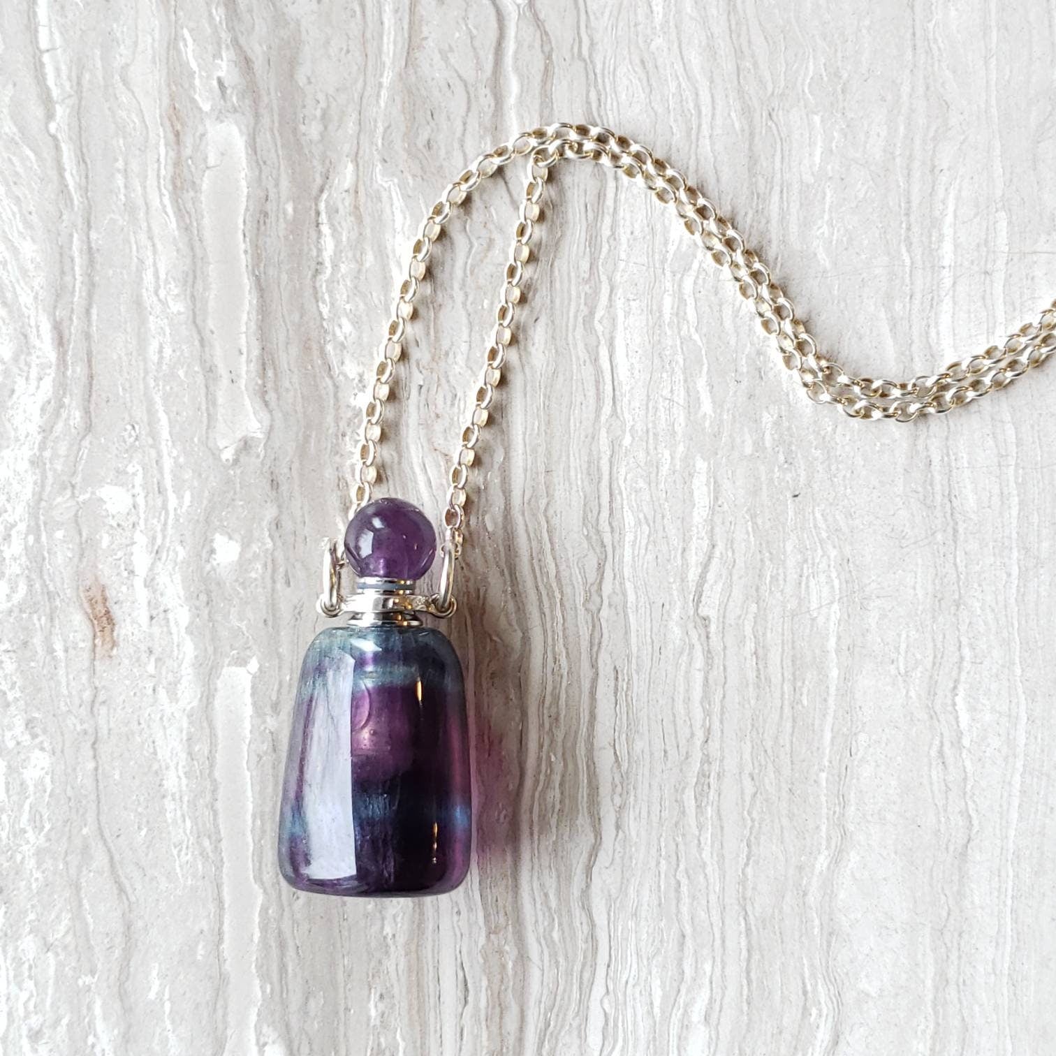 Fluorite Aromatherapy Perfume Bottle Pendant, Blue and Purple