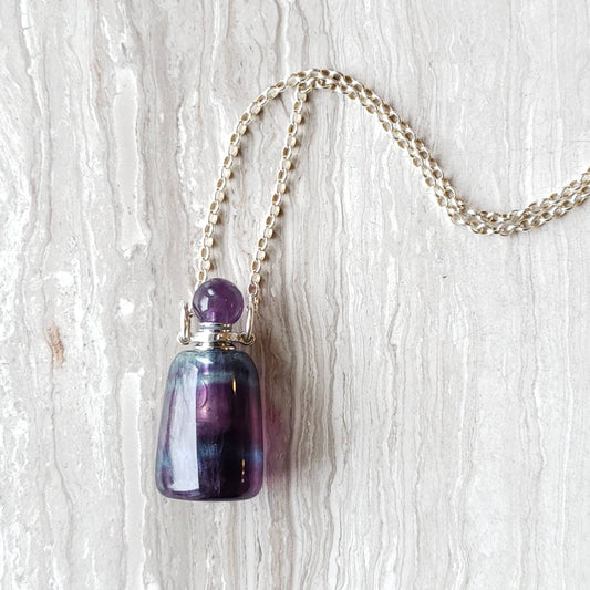 Fluorite Aromatherapy Perfume Bottle Pendant, Blue and Purple