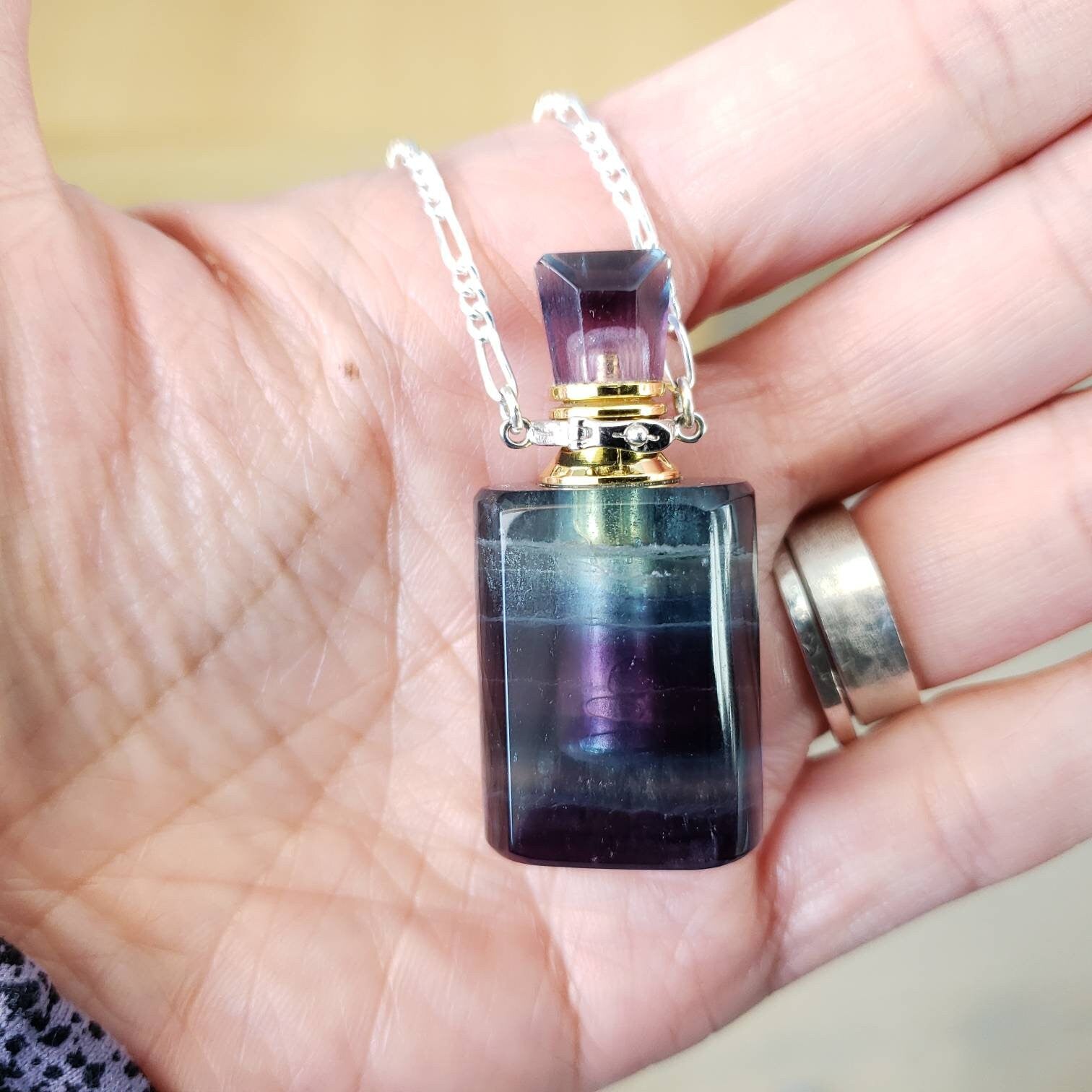Fluorite Gem Bottle Pendant Necklace for Essential Oils or Perfume