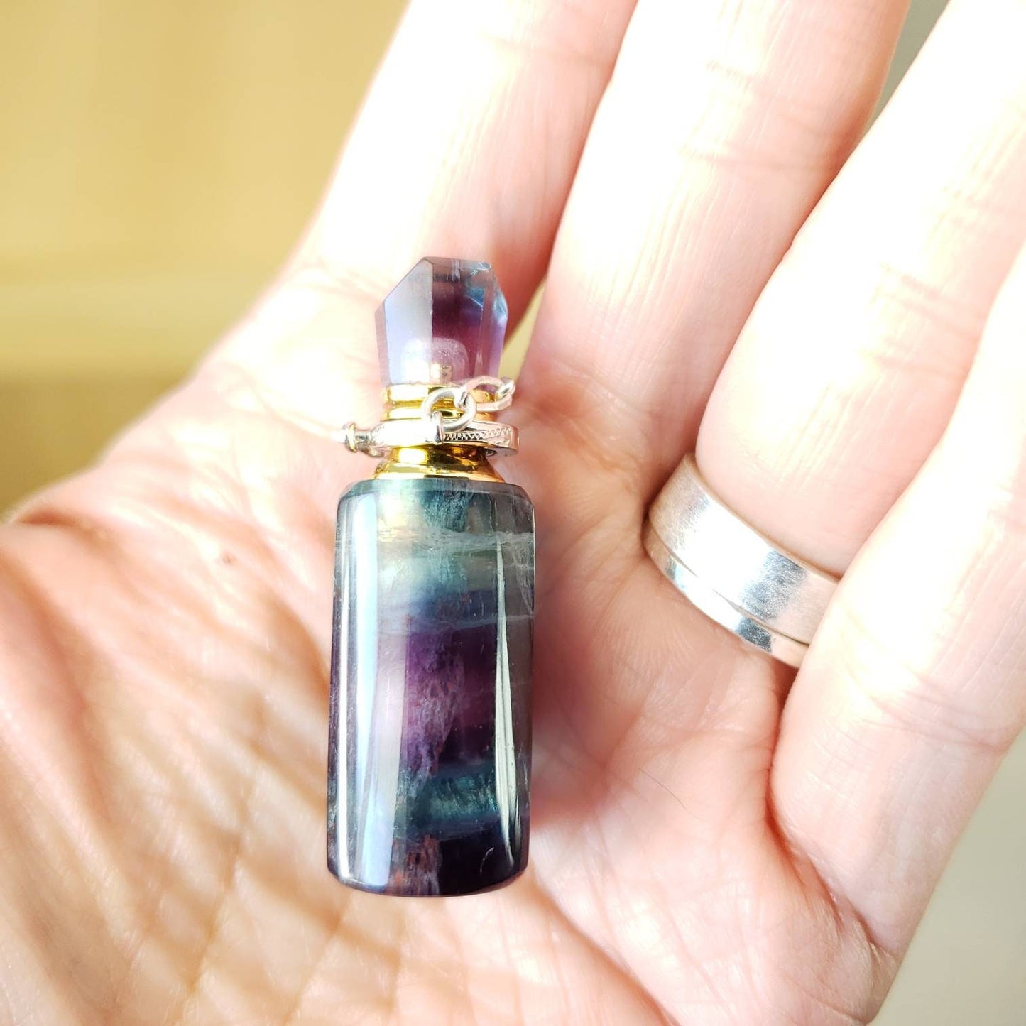 Fluorite Gem Bottle Pendant Necklace for Essential Oils or Perfume