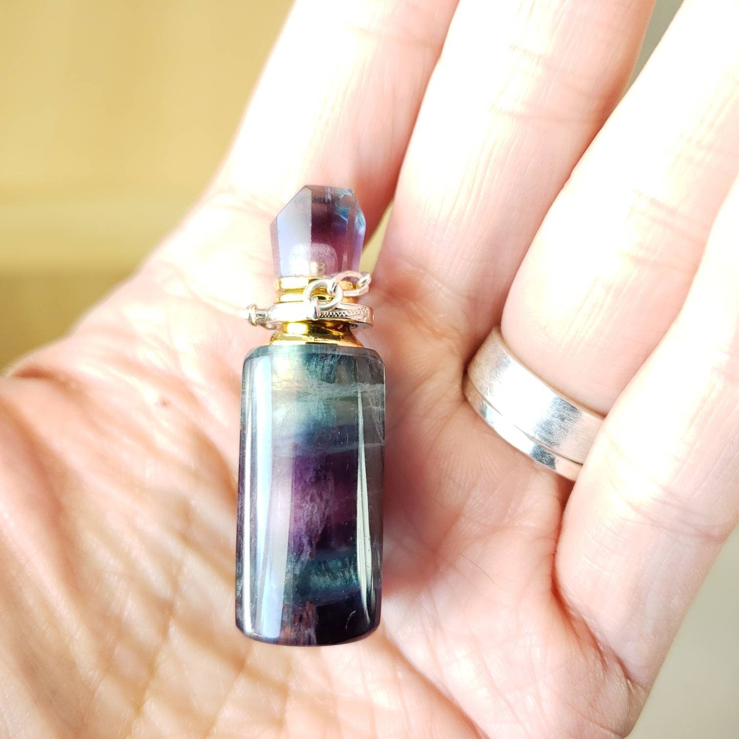 Fluorite Gem Bottle Pendant Necklace for Essential Oils or Perfume