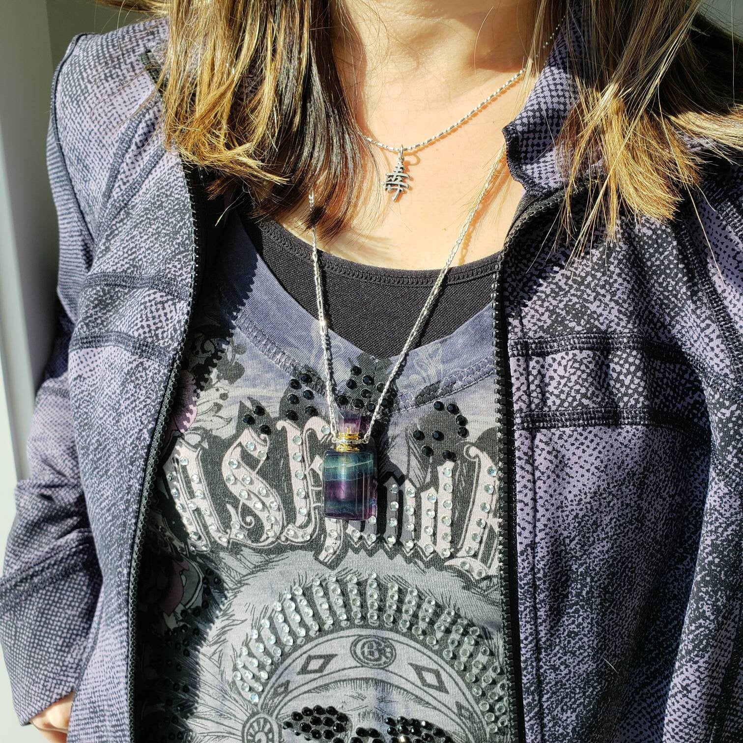 Fluorite Gem Bottle Pendant Necklace for Essential Oils or Perfume