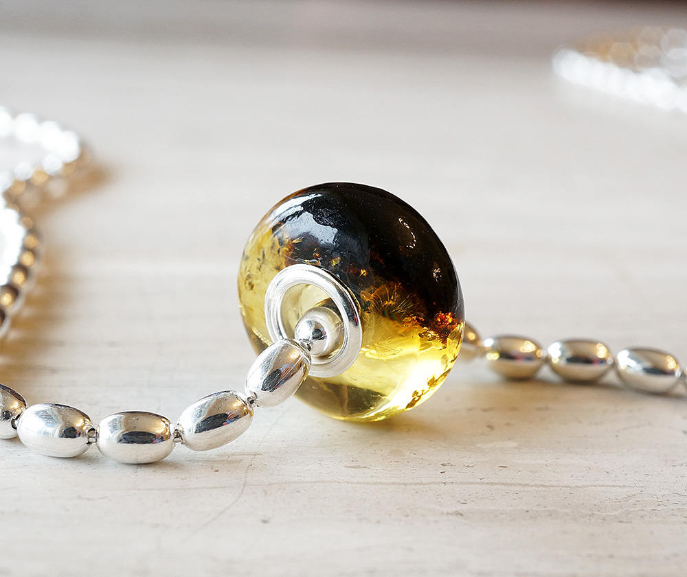 Genuine Baltic Amber Bead with Sterling Silver Core- Black and Light Honey Color