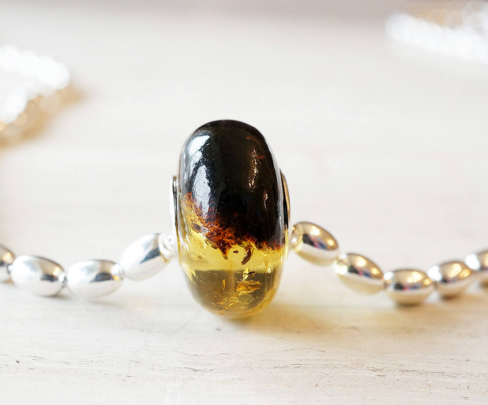 Genuine Baltic Amber Bead with Sterling Silver Core- Black and Light Honey Color