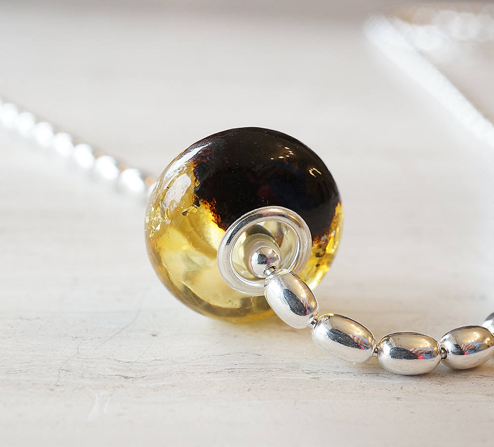 Genuine Baltic Amber Bead with Sterling Silver Core- Black and Light Honey Color