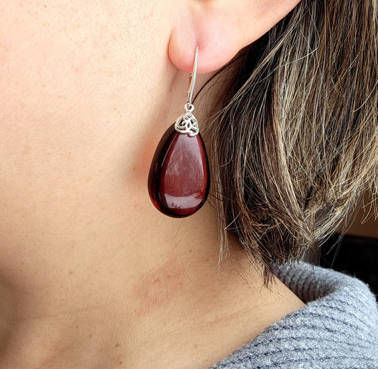 Genuine Baltic amber drop earrings cognac cherry color