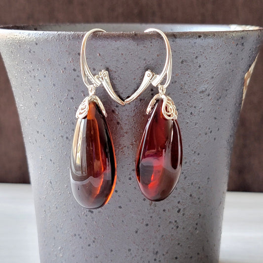 Genuine Baltic amber drop earrings cognac cherry color