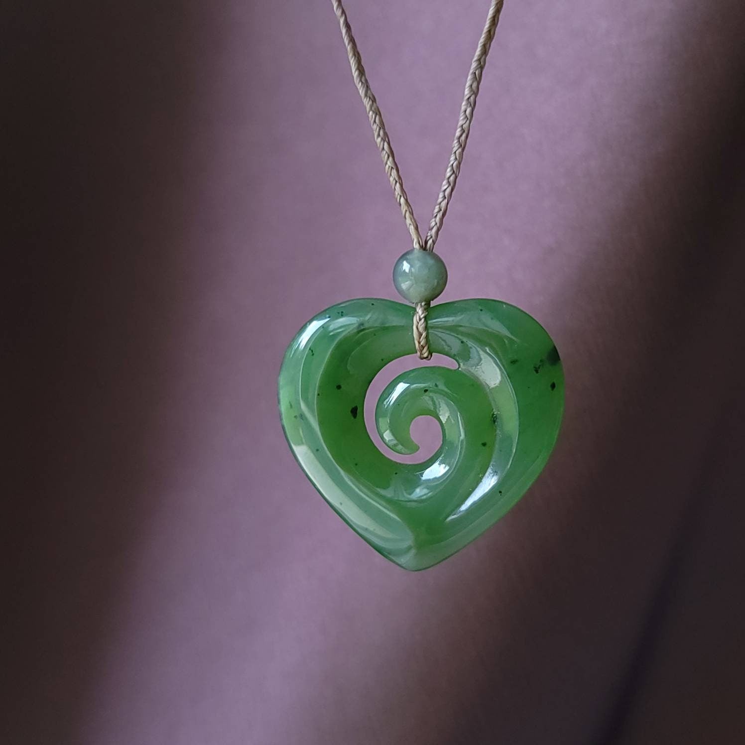 Large Genuine Jade Carved  Koru Heart Pendant Necklace