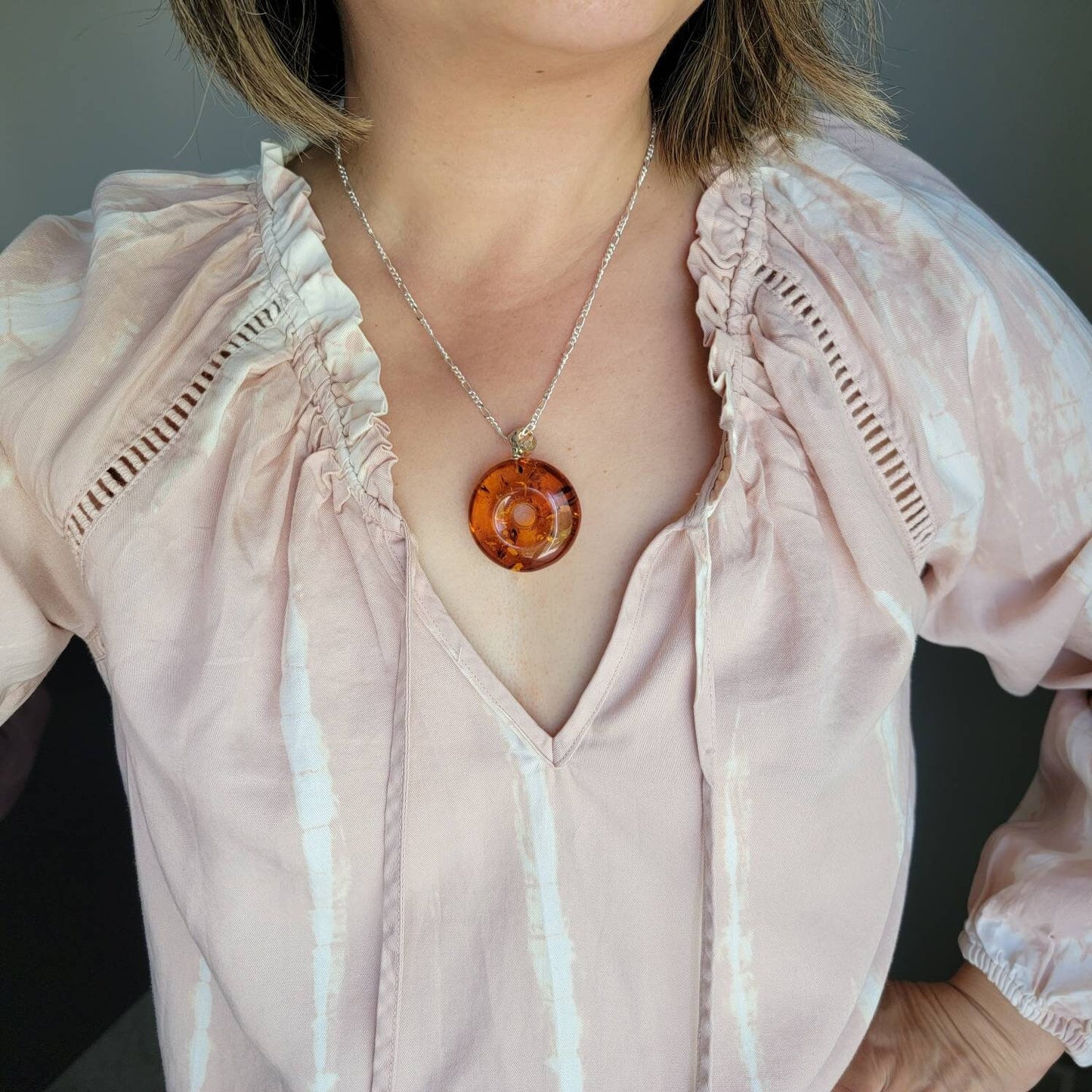 Large Honey Baltic Amber Donut Pendant with Sterling Silver Bail