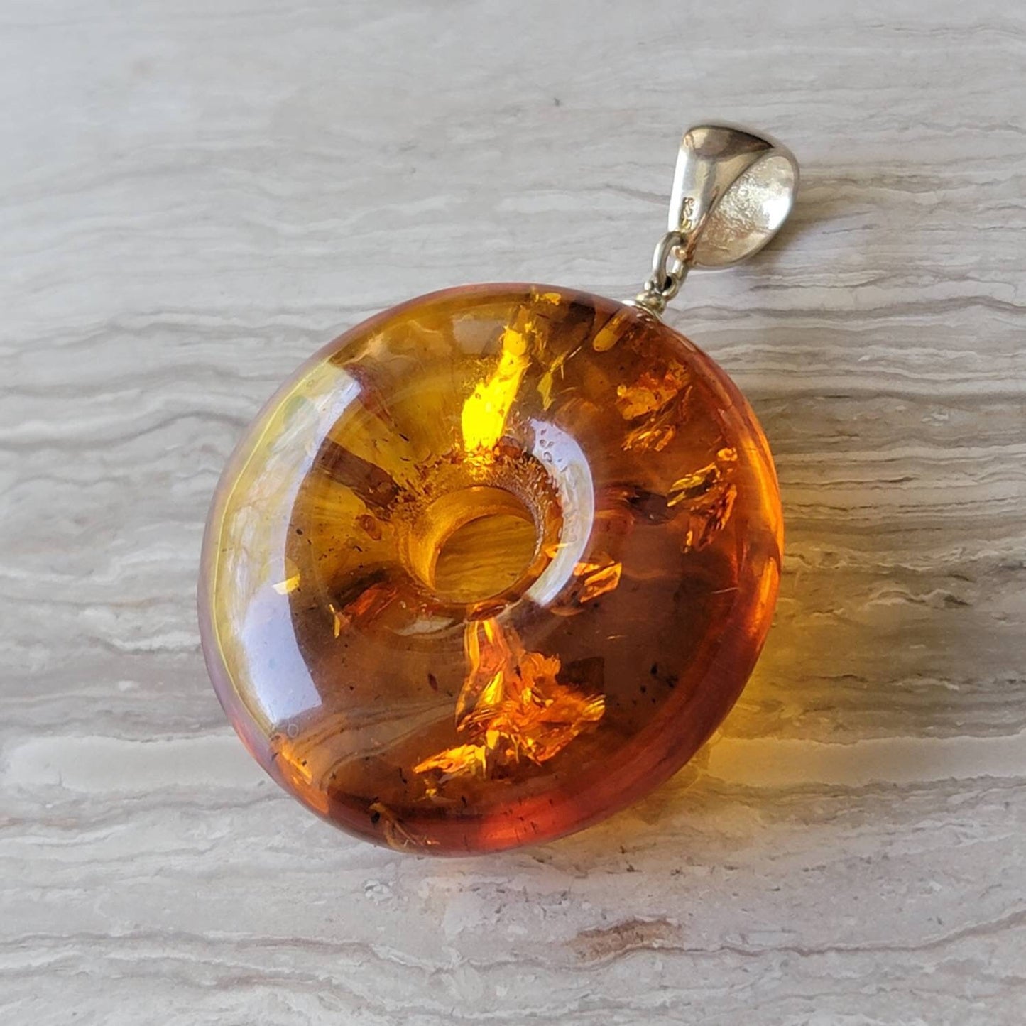 Large Honey Baltic Amber Pi Pendant with Sterling Silver Bail