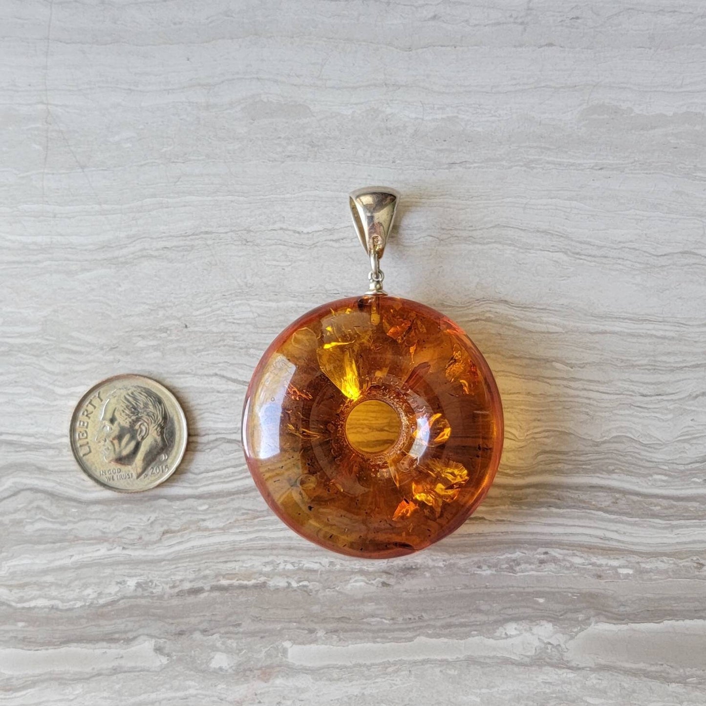 Large Honey Baltic Amber Donut Pendant with Sterling Silver Bail
