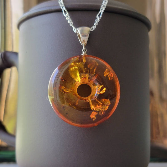 Large Honey Baltic Amber Pi Pendant with Sterling Silver Bail