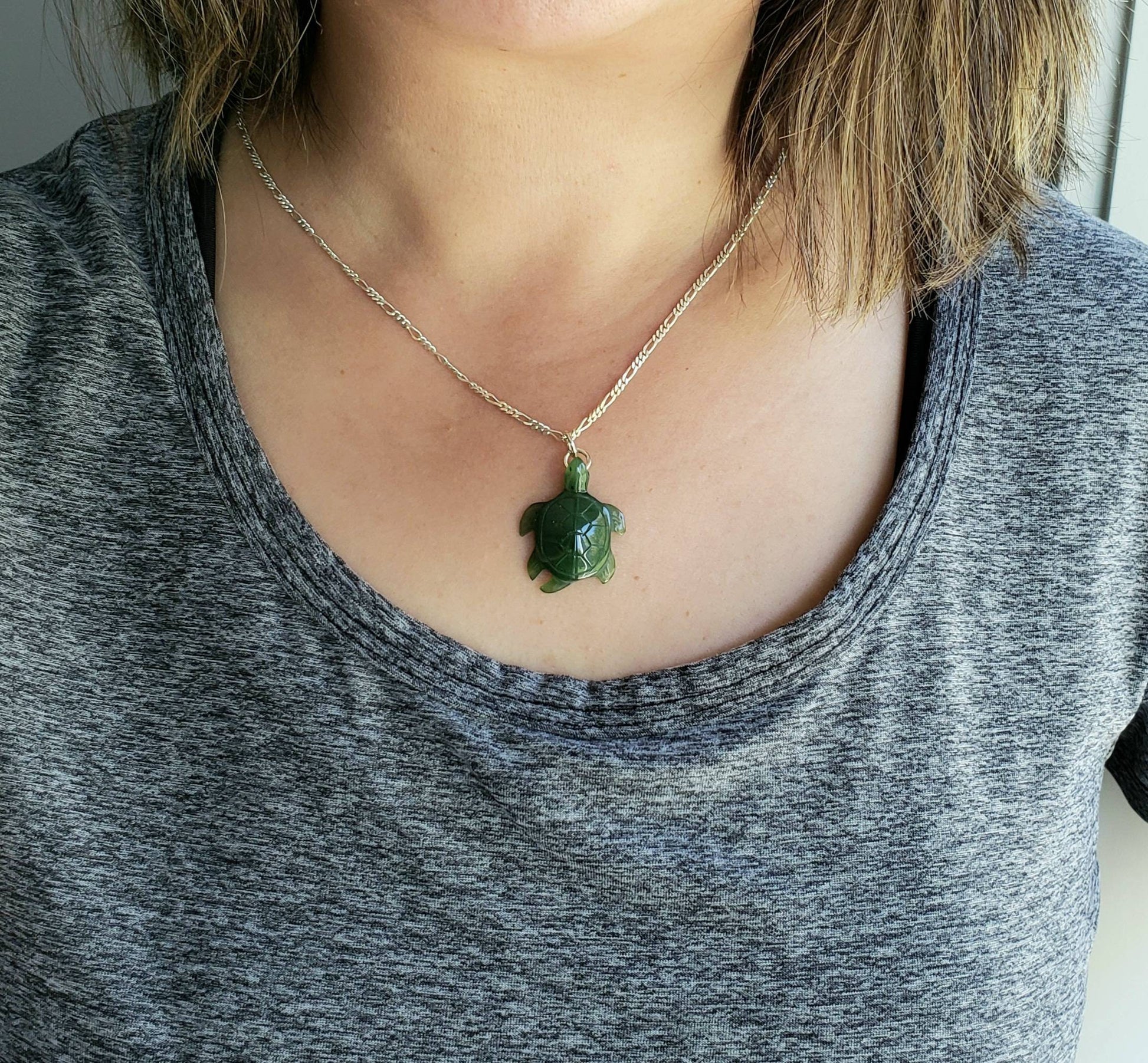Large green jade turtle necklace