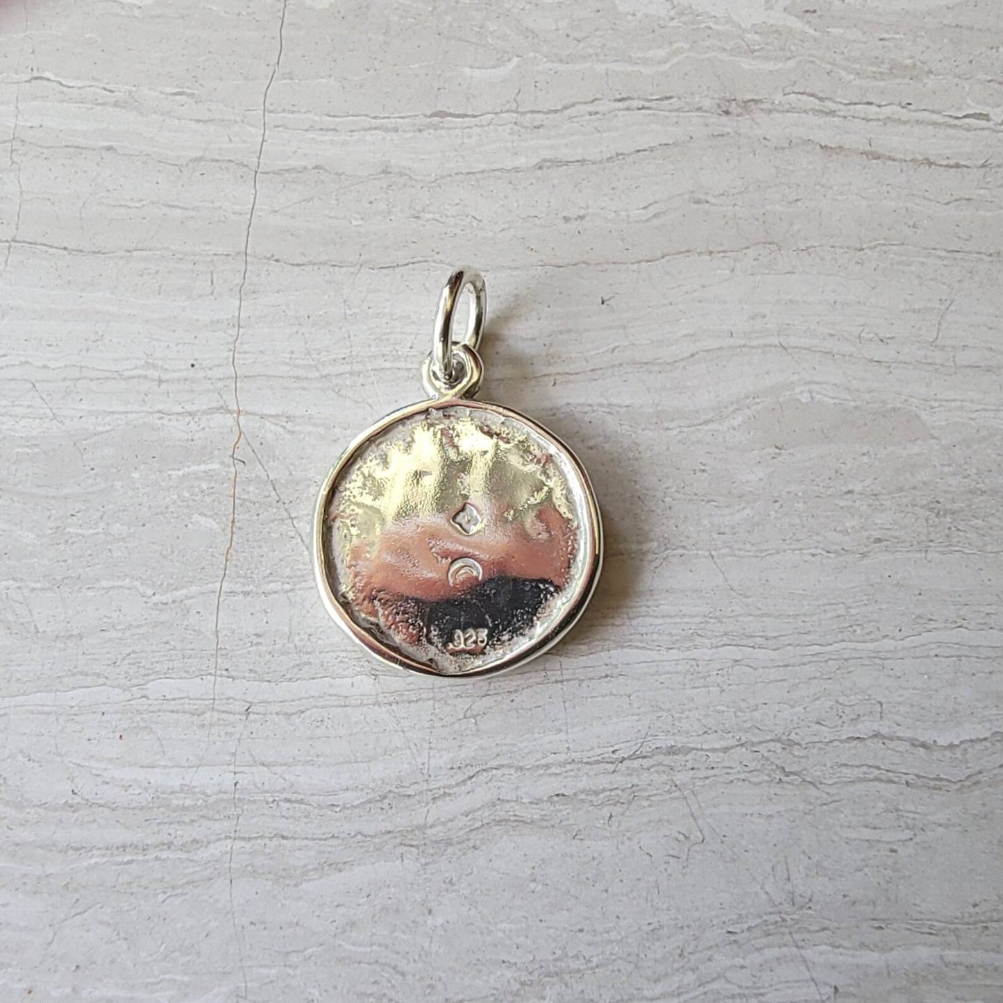 Om Silver Pendant Charm, two toned, mixed metal back view