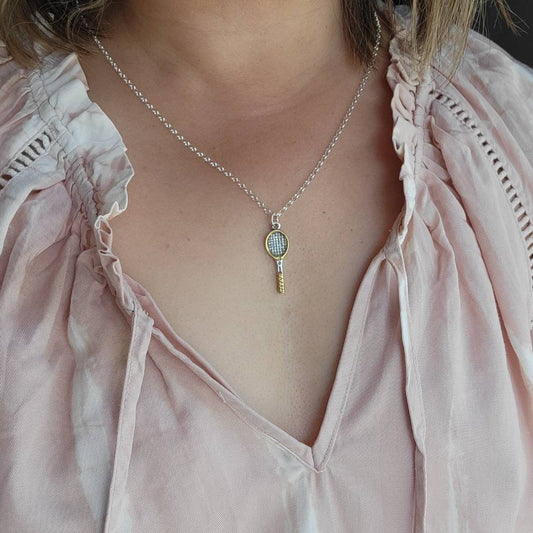 gold tennis racquet  charm pendant mixed metal