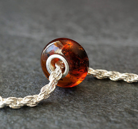 Baltic Amber Bracelet Bead with Sterling Silver Core, Cognac Color
