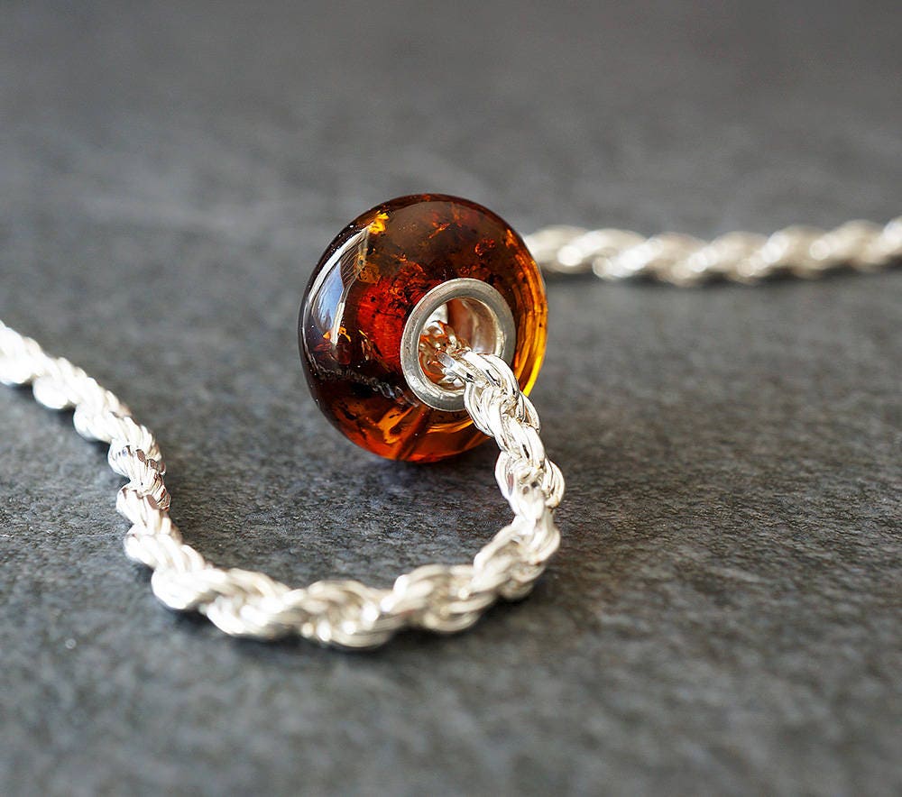 Baltic Amber Bracelet Bead with Sterling Silver Core, Cognac Color