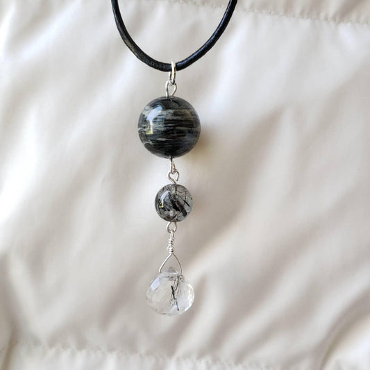 Natural Rutile Stone Pendant Necklace, Gray Jasper Round, Chakra Crystal, 18" Cord Necklace