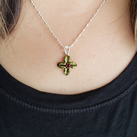 Silver Holly Cross Pendant Necklace, Christmas Necklace, Green and Red Holly and Berries Pendant, Sterling Silver Holly Leaf, Christmas Gift