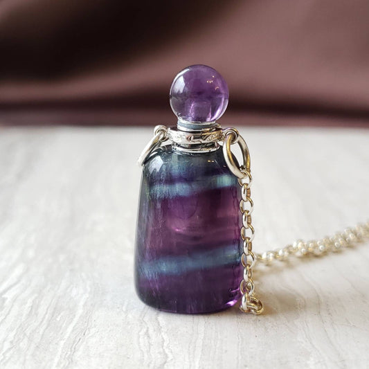Purple and Green Fluorite Essential Oil Diffuser, Perfume Bottle Pendant, Stone Necklace, Aromatherapy Necklace, Graduation Gift