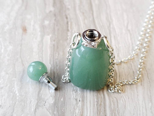 Green Aventurine Stone Bottle Necklace, Essential Oil Bottle Pendant, Aromatherapy Necklace, Serpentine Necklace, Good Luck
