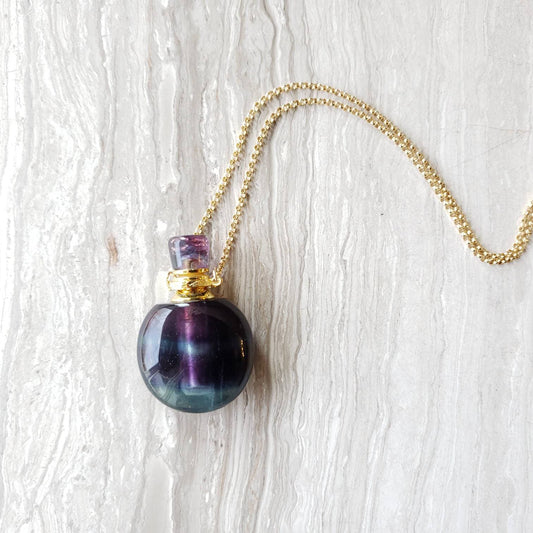 Purple an Green Fluorite Gem Bottle Pendant Necklace for Essential Oils or Perfume, Essential Oil Diffuser, Fluorite Aromatherapy Necklace