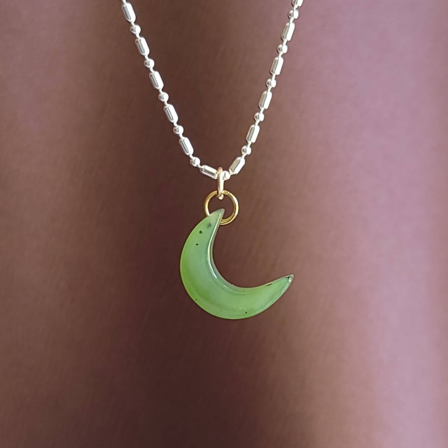 real jade sickle moon charm