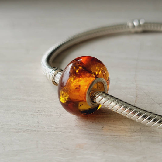 Natural Baltic Honey Charm Beads, European Charm Bracelet Compatible, Sterling Silver Core, Dark Honey Color
