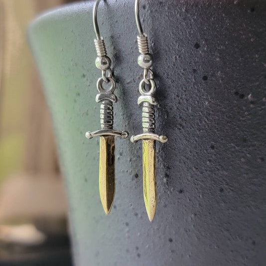Gold knife dangle drop earrings