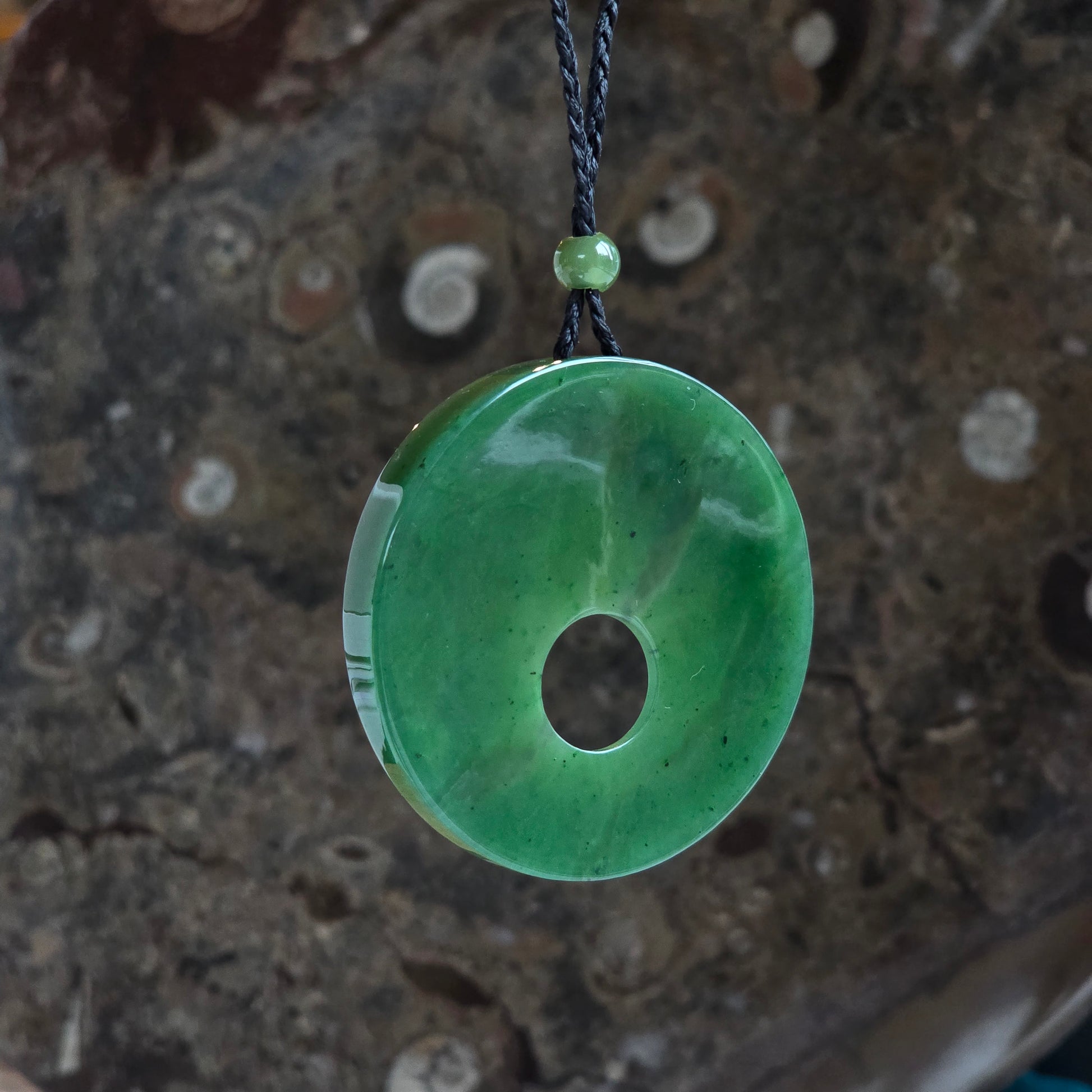 Siberian jade round disk necklace with an adjustable cord necklace