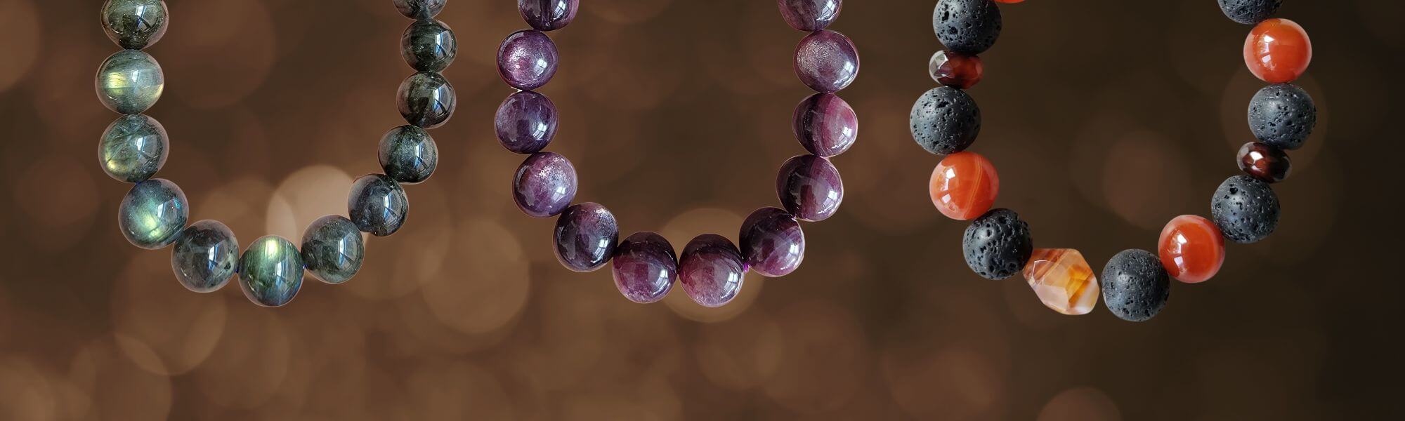 Close-up of beaded bracelets with a blurred background