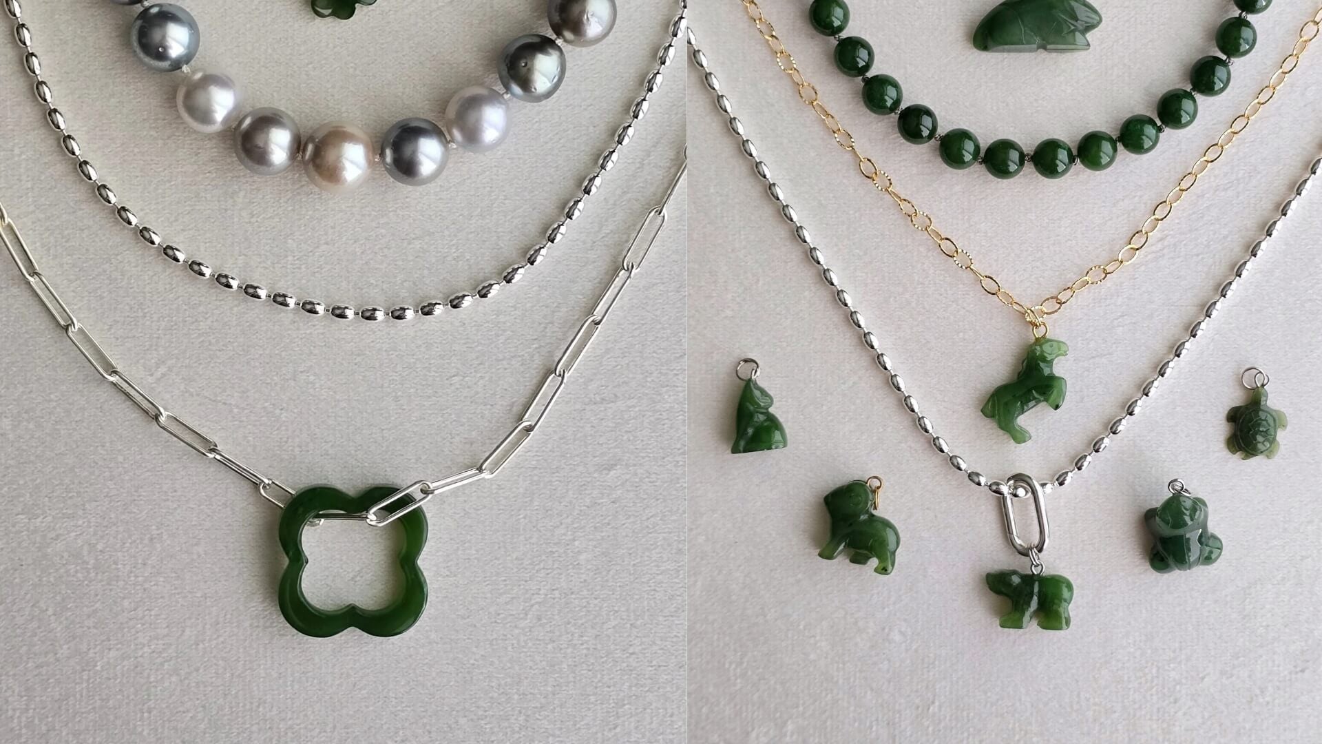layered necklaces with genuine jade, Tahitian pearl necklace, and silver chains