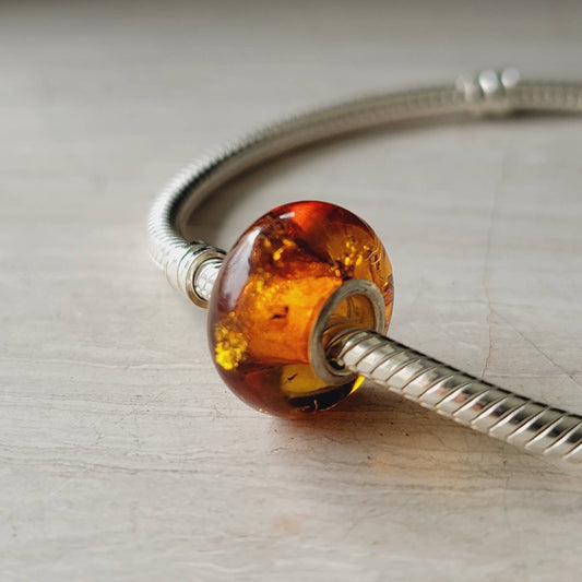 Genuine Baltic Amber Bracelet Charm Bead, Dark Honey Color