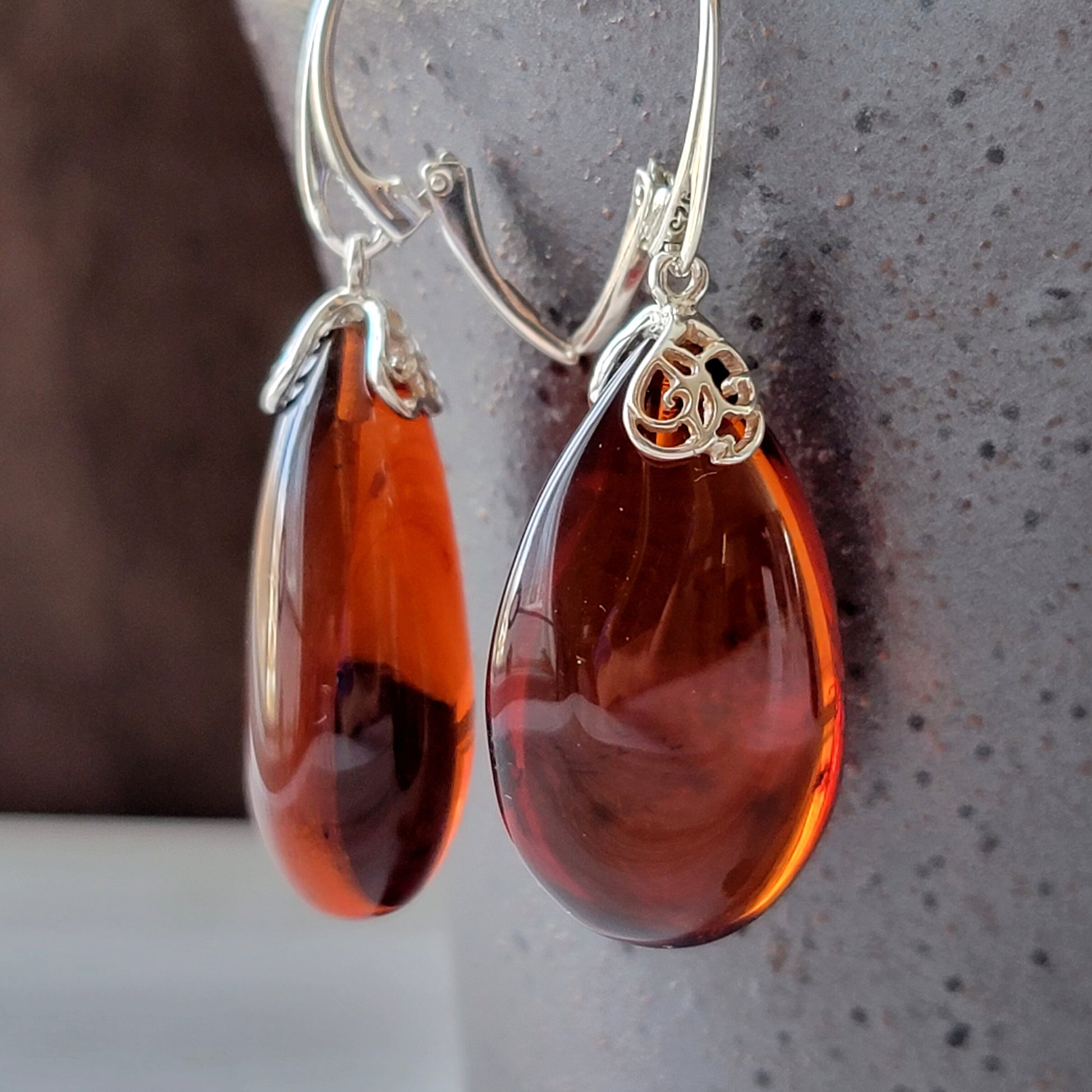 Genuine Baltic amber drop earrings cognac cherry color
