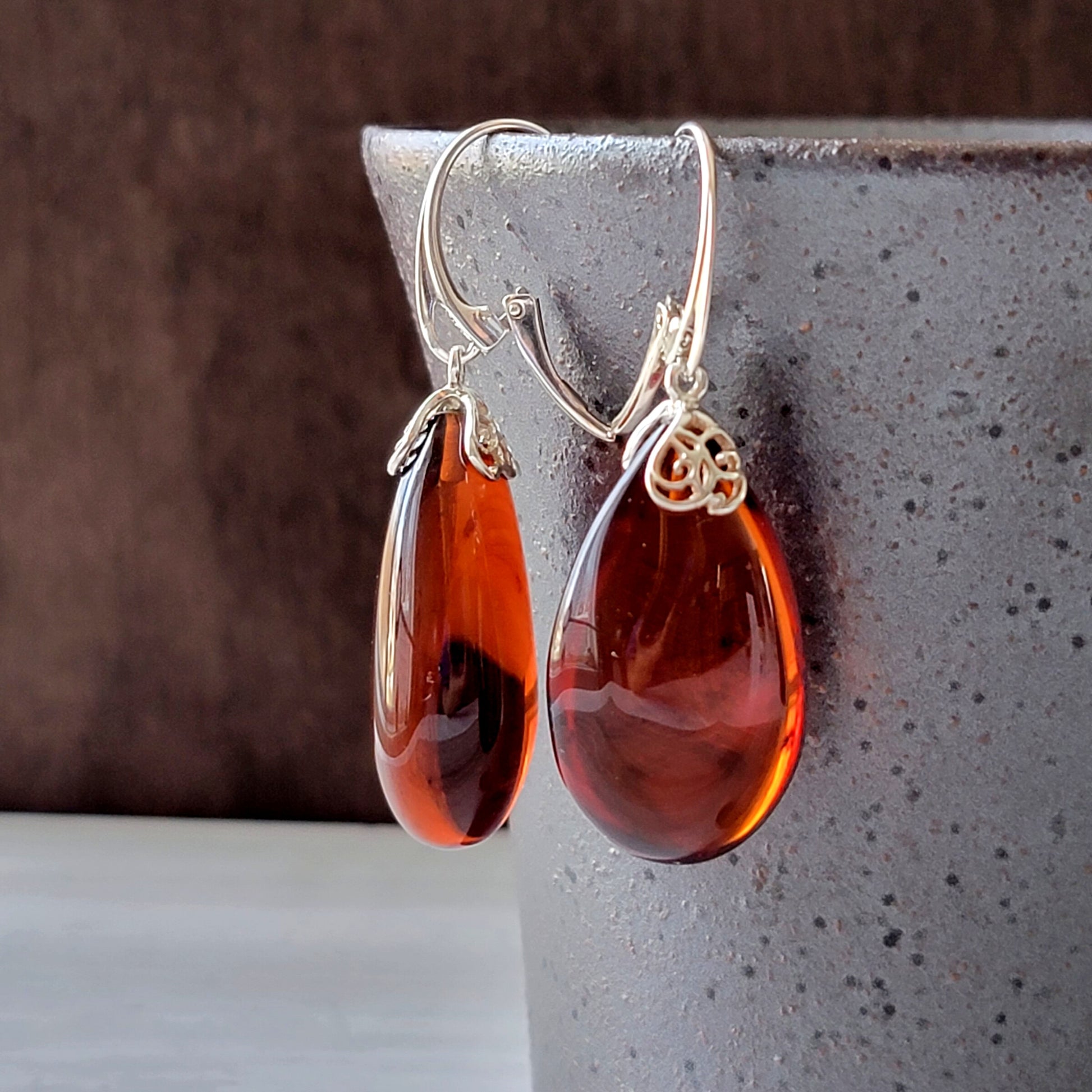 Genuine Baltic amber drop earrings cognac cherry color