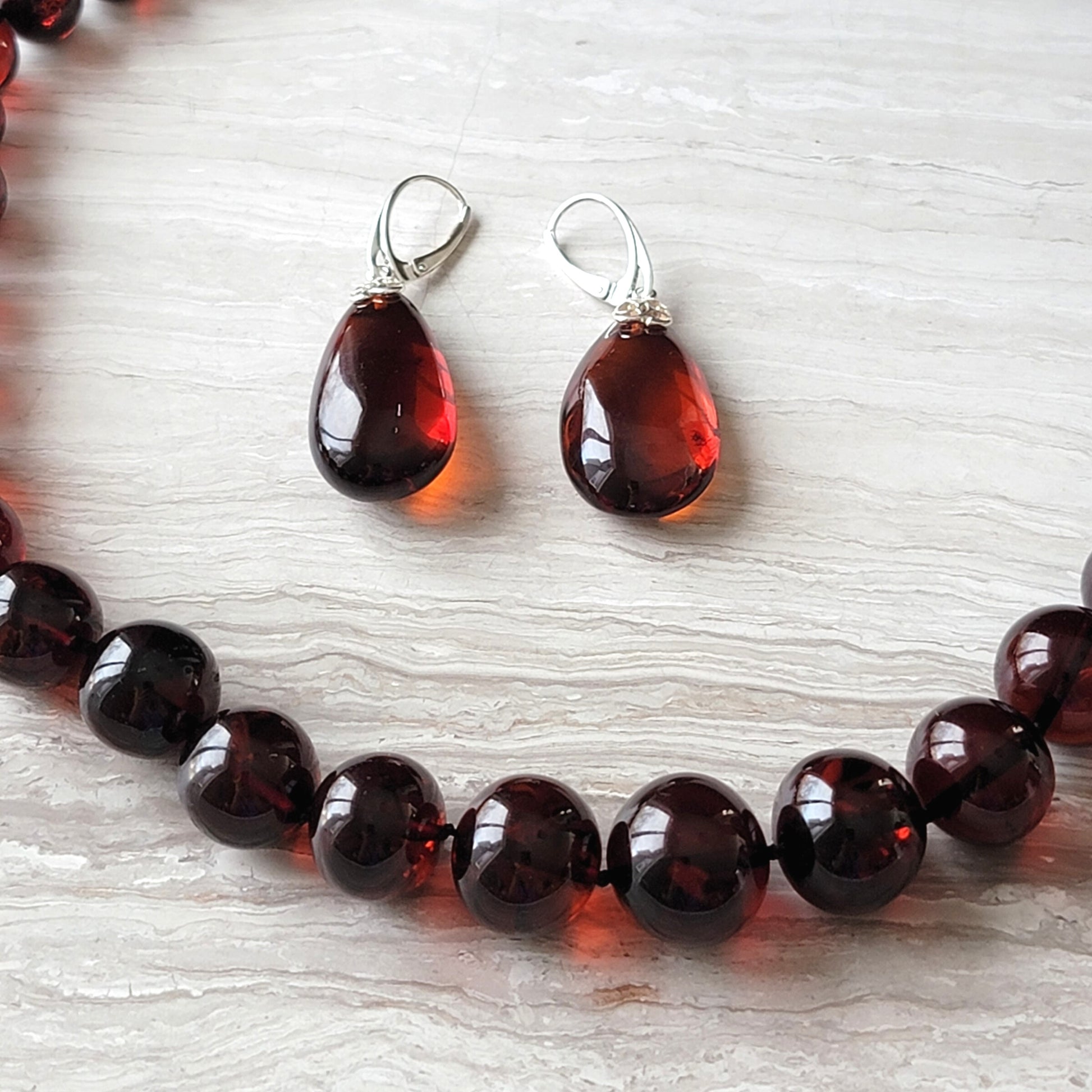 Genuine Baltic amber drop earrings cognac cherry color