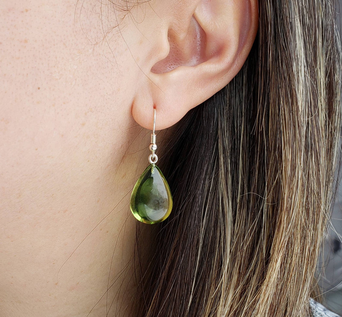 green amber drop earrings with sterling silver earwires. Caribbean green amber